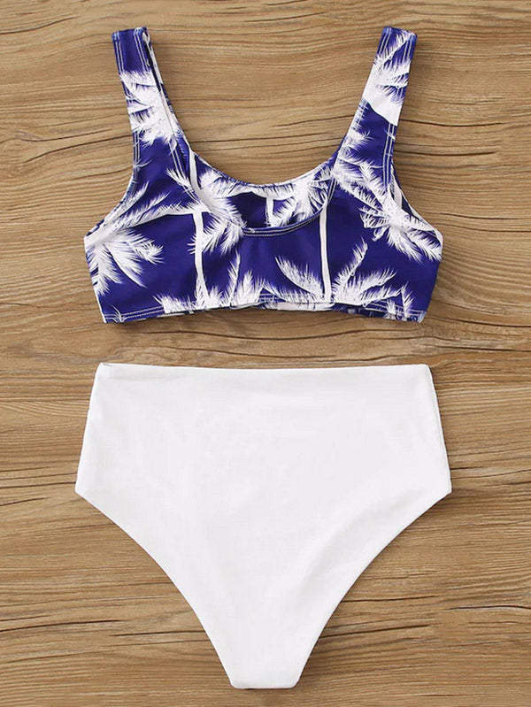 Floral-Print Color-Block U-Neck Split Bikini Swimsuit