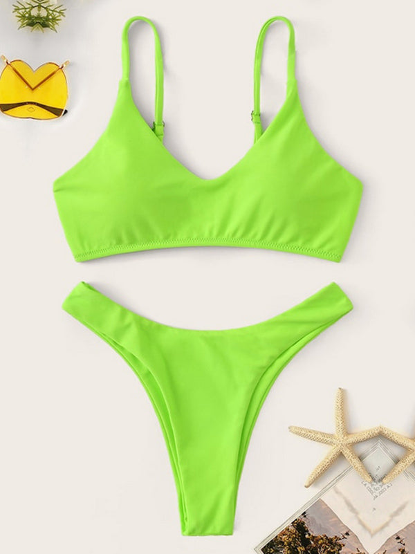 Solid Color V-Neck Spaghetti-Neck Split Bikini Swimsuit