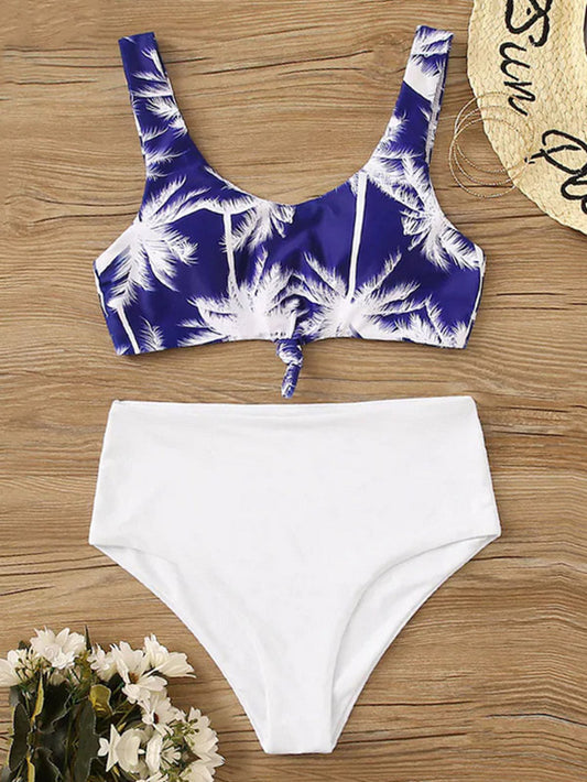 Floral-Print Color-Block U-Neck Split Bikini Swimsuit