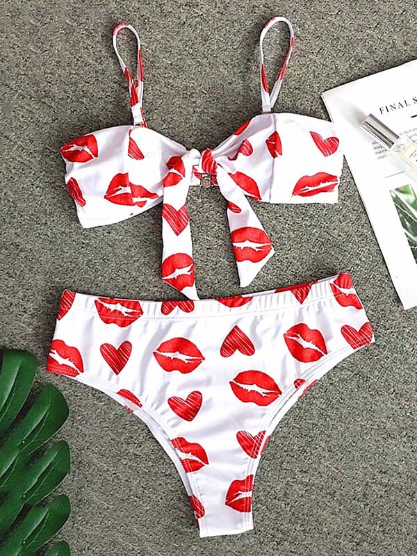 Lip Print Knotted Bandeau Split Bikini Swimsuit