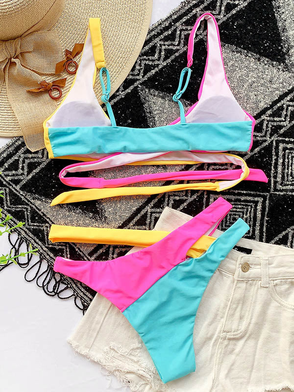 Contrast Color Split-Joint Bandage Asymmetric Split Bikini Swimsuit