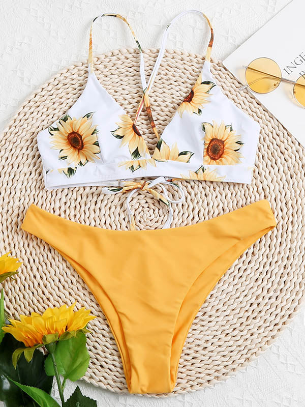 Sunflower Bandage Backless Split Bikini Swimsuit