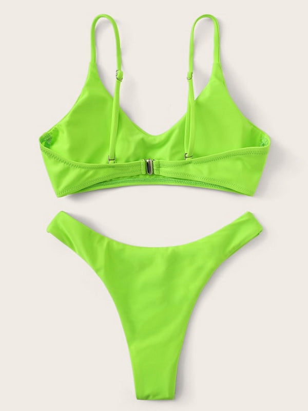 Solid Color V-Neck Spaghetti-Neck Split Bikini Swimsuit