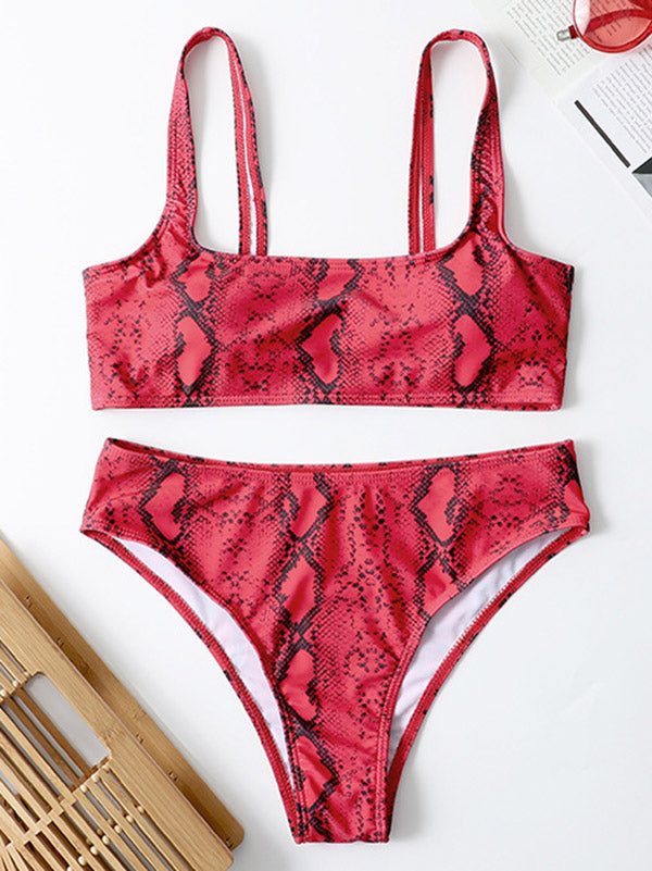 Snake-Print U-Neck Split Bikini Swimsuit