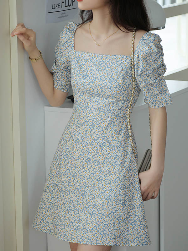 Original Bishop Sleeve Floral Square-Neck Dress