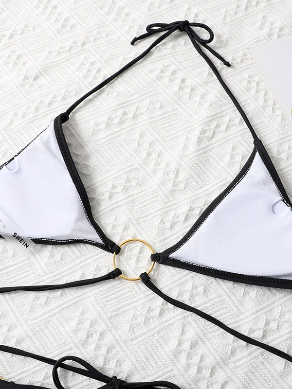 Solid Color Triangles Bandage Split Bikini Swimsuit