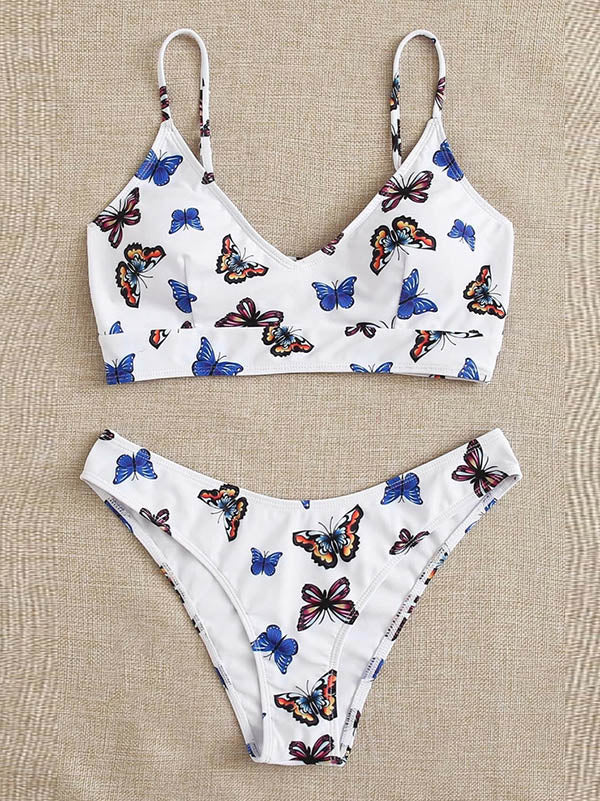 Floral-Print Spaghetti-Neck V-Neck Split Bikini Swimsuit