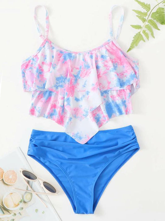 Gradient Printed Falbala Tiered Split Tankini Swimsuit