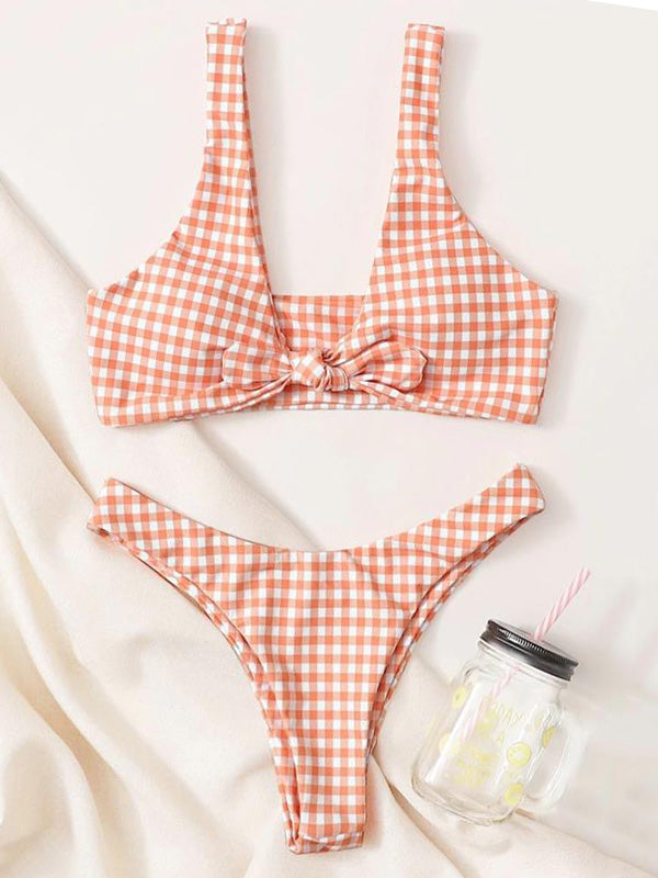 Plaid Printed Knotted Split Bikini Swimsuit