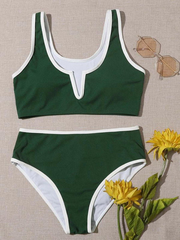 Color-Block Split-Joint U-Neck Split Bikini Swimsuit