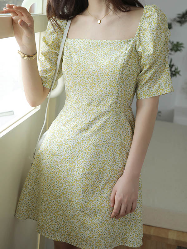 Original Bishop Sleeve Floral Square-Neck Dress