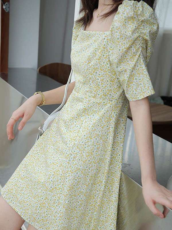 Original Bishop Sleeve Floral Square-Neck Dress