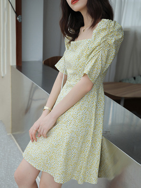 Original Bishop Sleeve Floral Square-Neck Dress