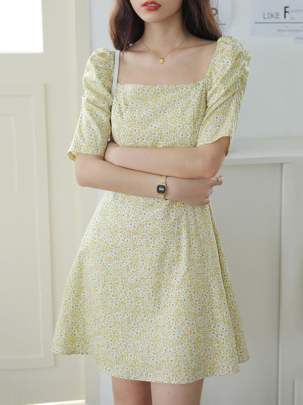 Original Bishop Sleeve Floral Square-Neck Dress