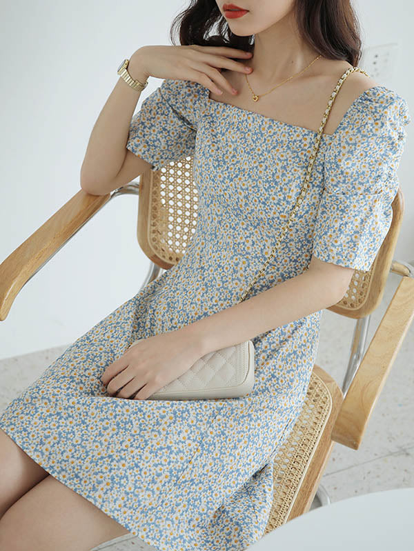 Original Bishop Sleeve Floral Square-Neck Dress