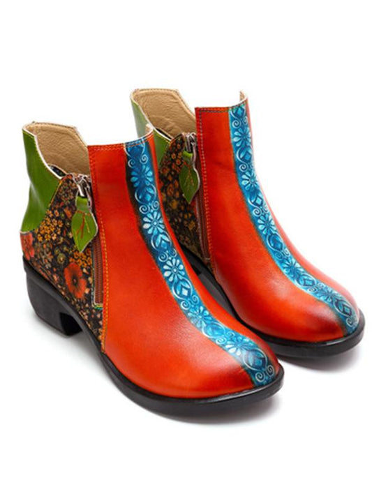 plant print ladies leather comfortable boots