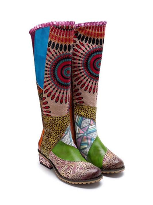 Casual vintage ethnic style leather Handmade overknee boots