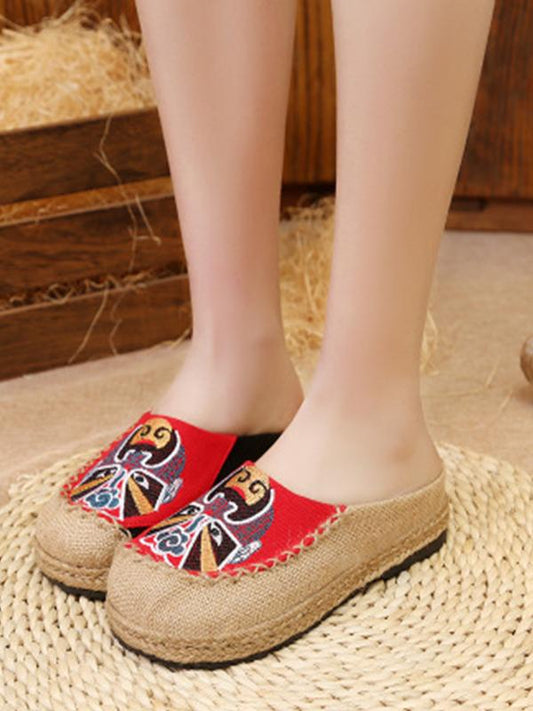 Peking Opera Mask National Wind Women's Shoes Manual Linen Straw Embroidered Slippers