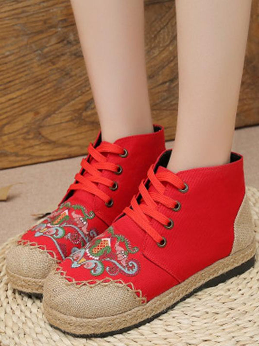 Embroidered retro ethnic style cotton linen flat casual tie linen shoes