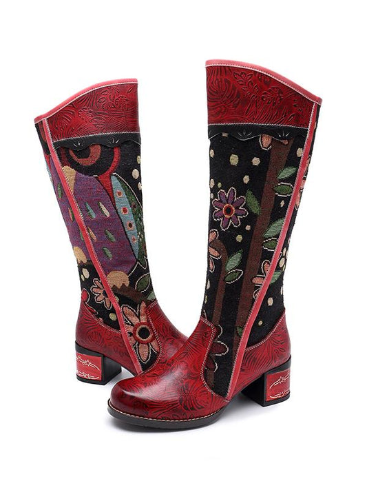 Casual vintage ethnic leather knee boots