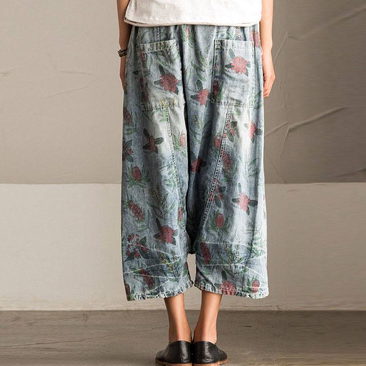 Women summer loose Floral printing cotton jeans with pockets pants