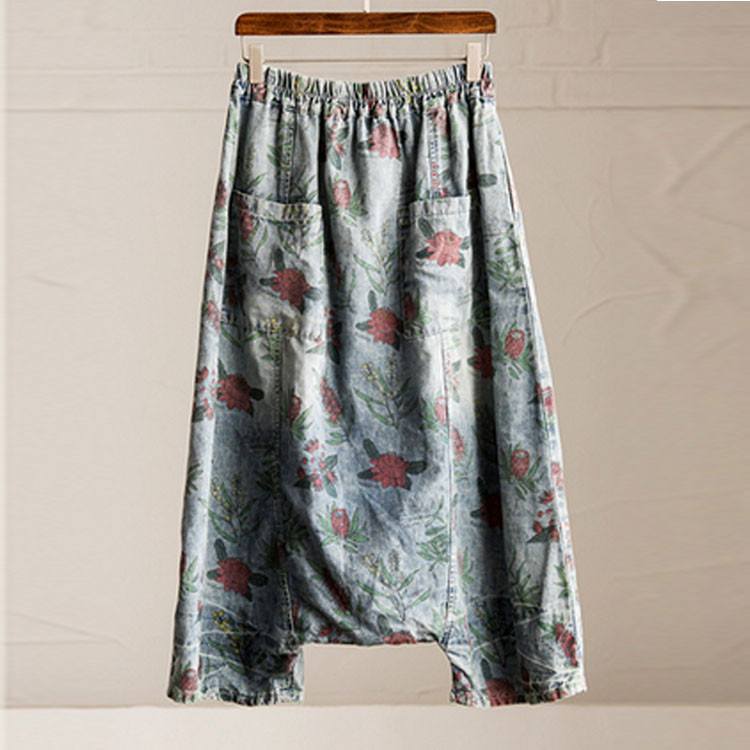 Women summer loose Floral printing cotton jeans with pockets pants