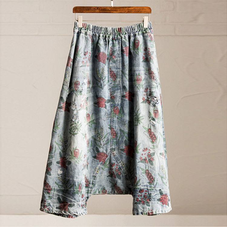 Women summer loose Floral printing cotton jeans with pockets pants