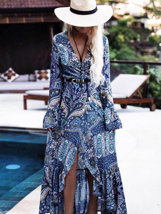 Bohemia Floral Front Split with Tie Long Sleeve Maxi Dress