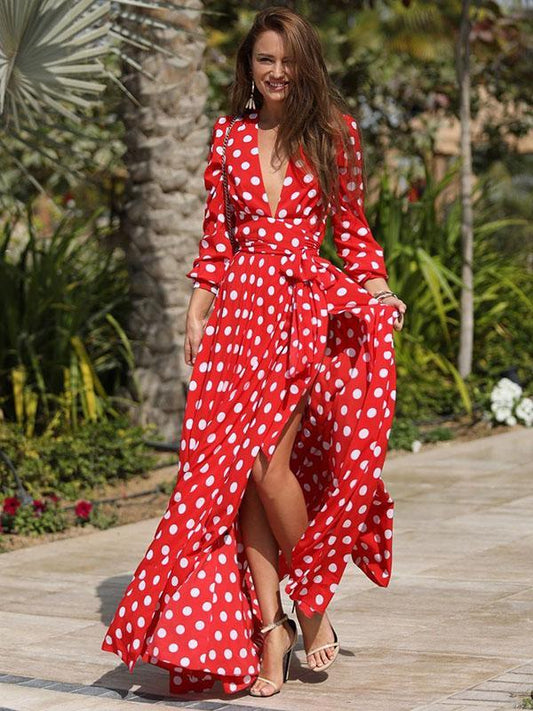 Polka-dot Belted Long Sleeves Maxi Dress